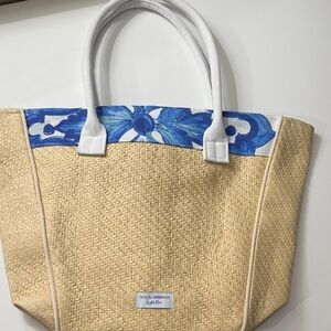 Dolce & Gabbana Beige Straw Tote with Blue Floral Trim and White Handles